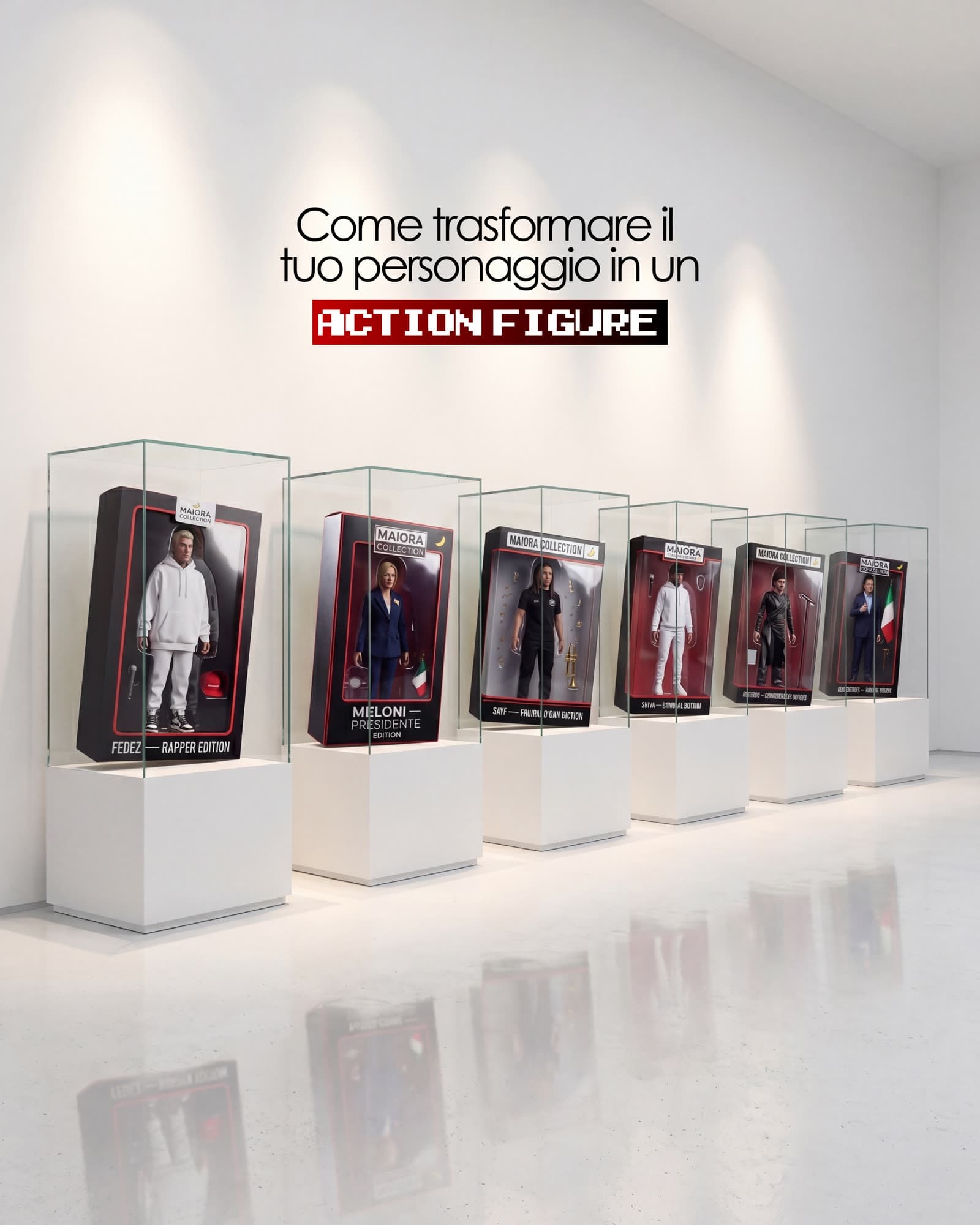 Sei action figure Maiora Collection in teche museali su plinti bianchi