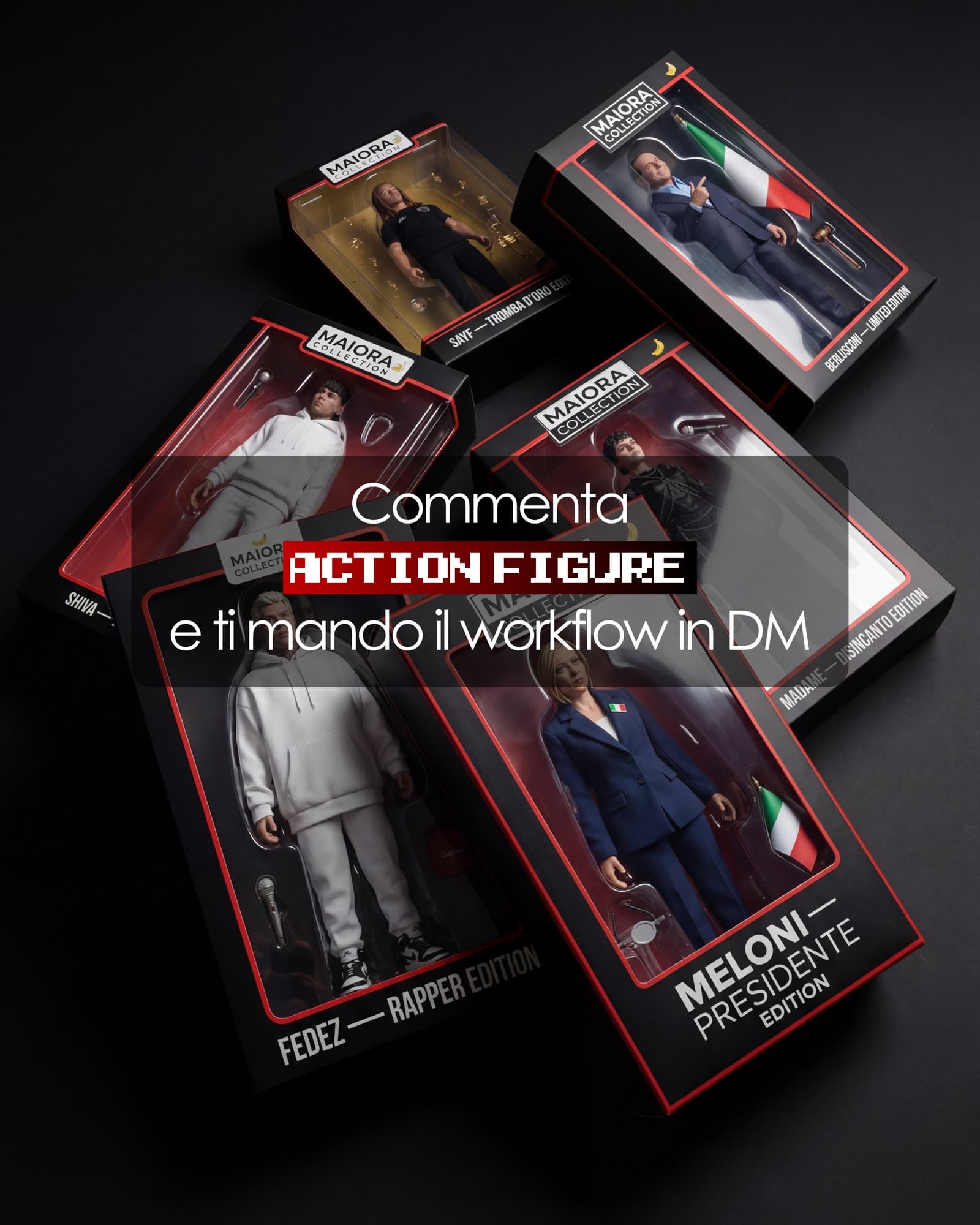 Scena dall'alto con sei box action figure Maiora Collection su superficie nera