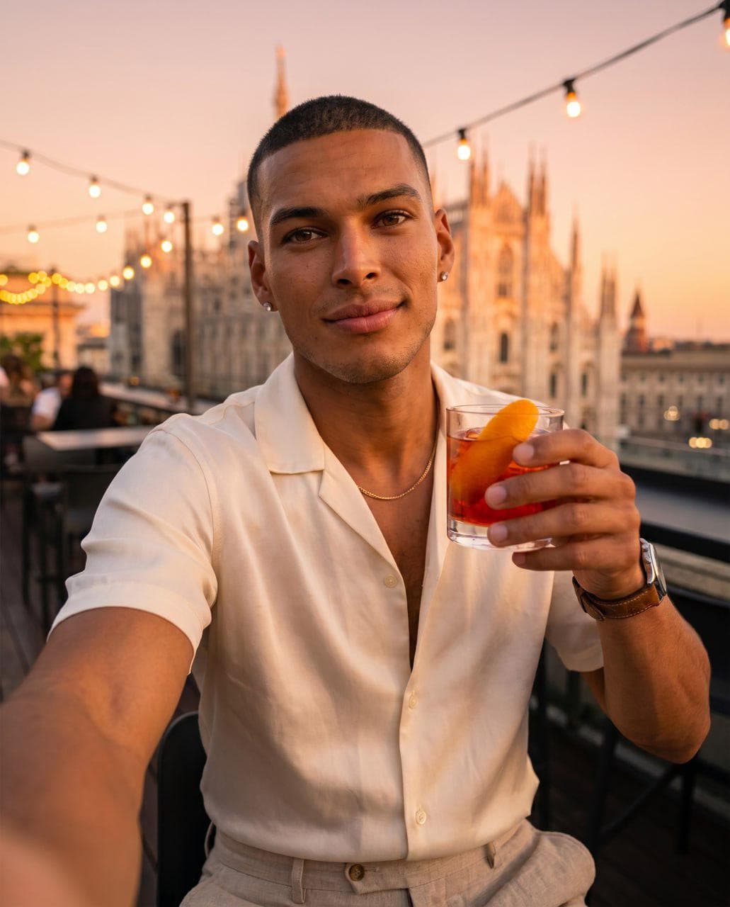 Ritratto ravvicinato su rooftop milanese al tramonto con cocktail Negroni
