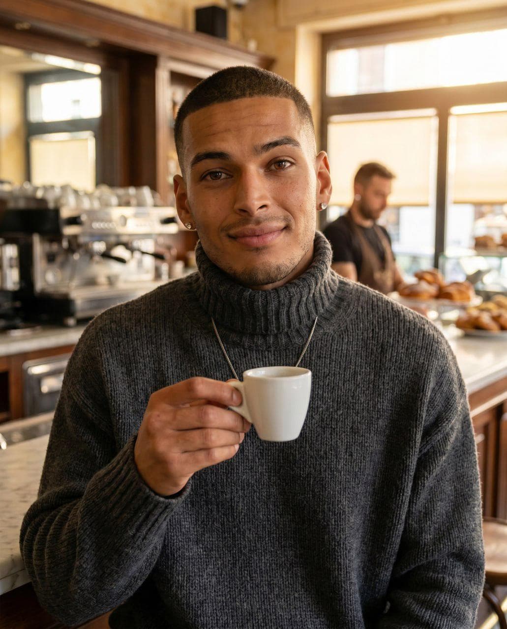 Ritratto mattutino in bar italiano con tazza di espresso
