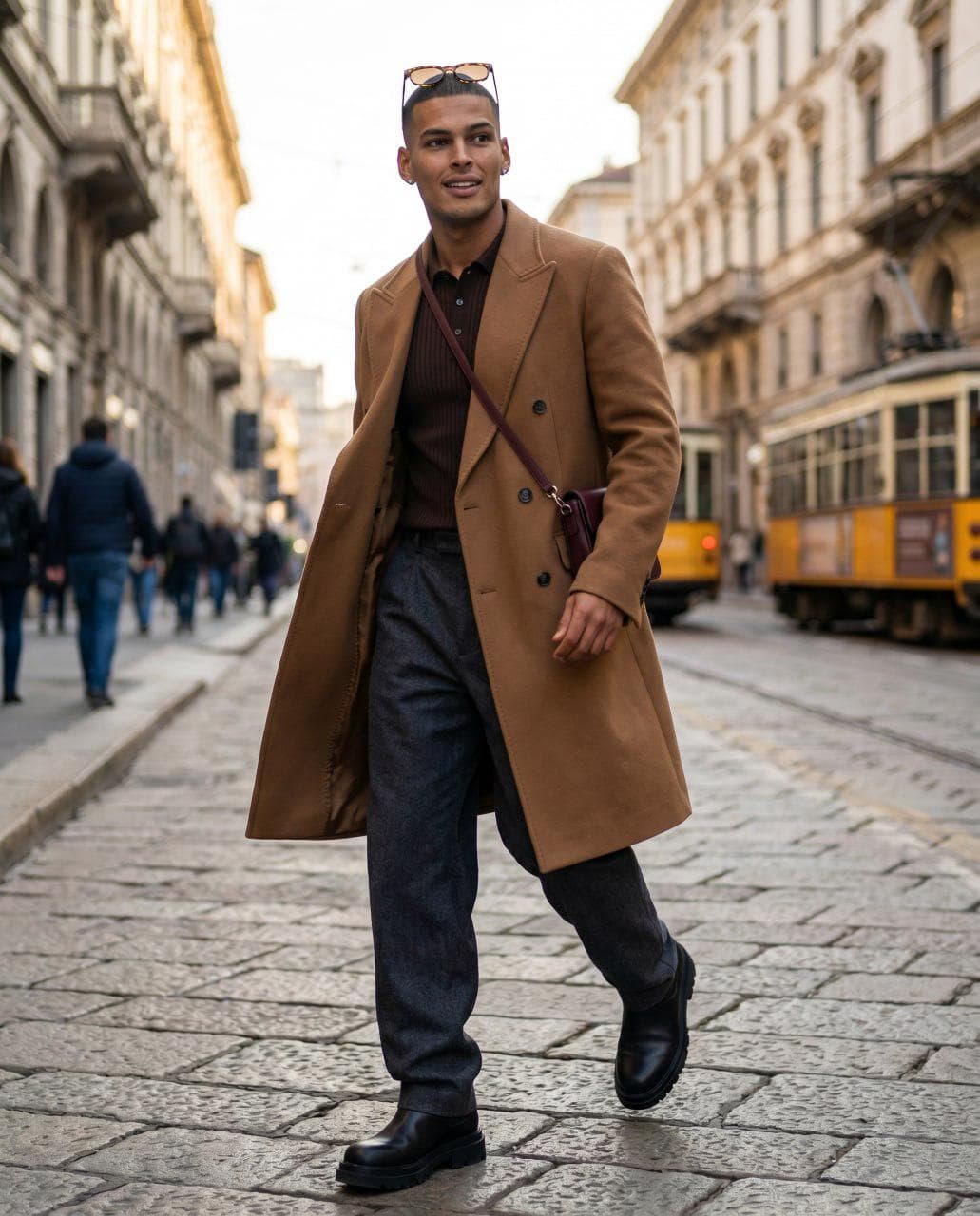 Look street style su strada elegante di Milano con cappotto cammello