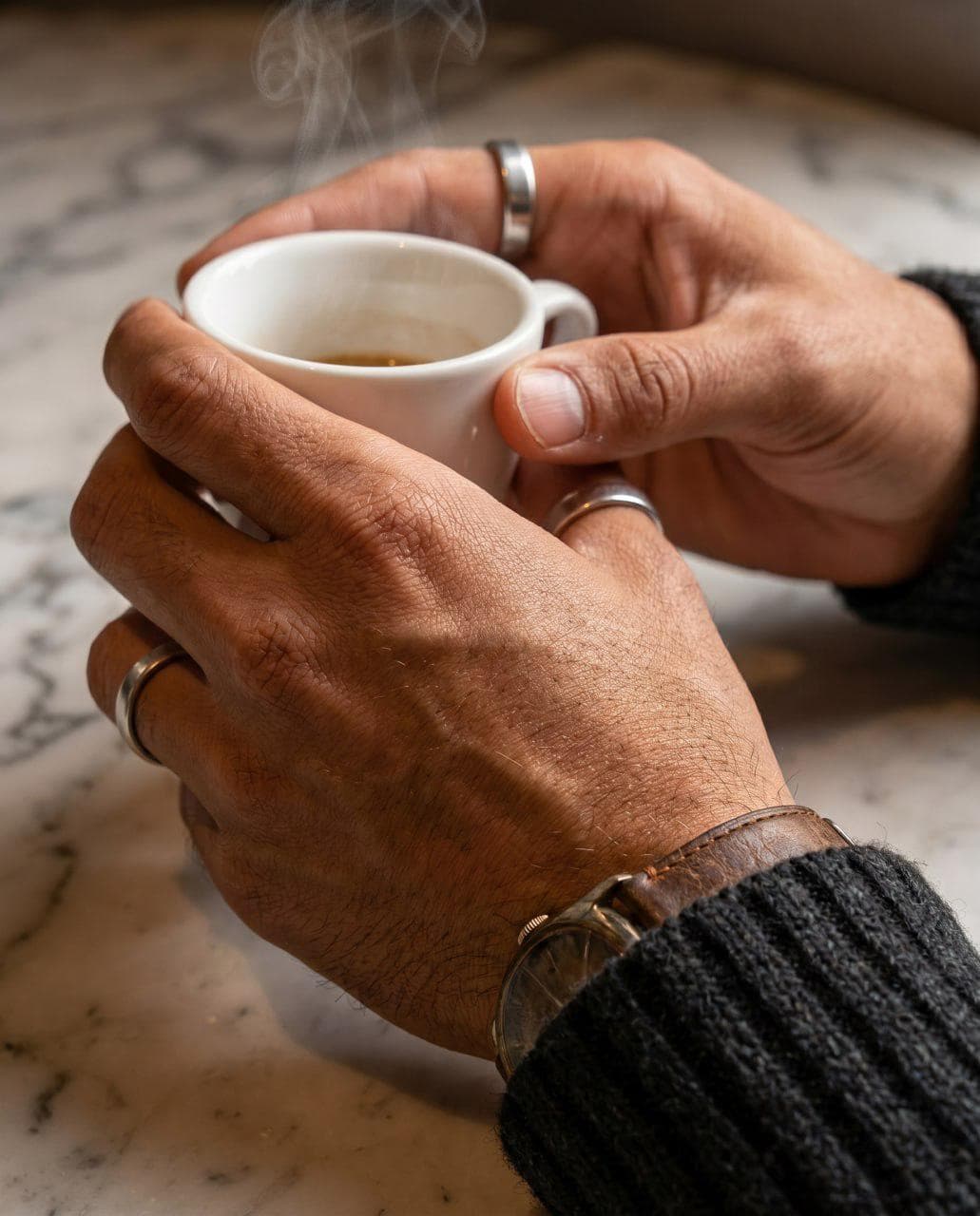 Macro delle mani che tengono una tazza di espresso su superficie in marmo