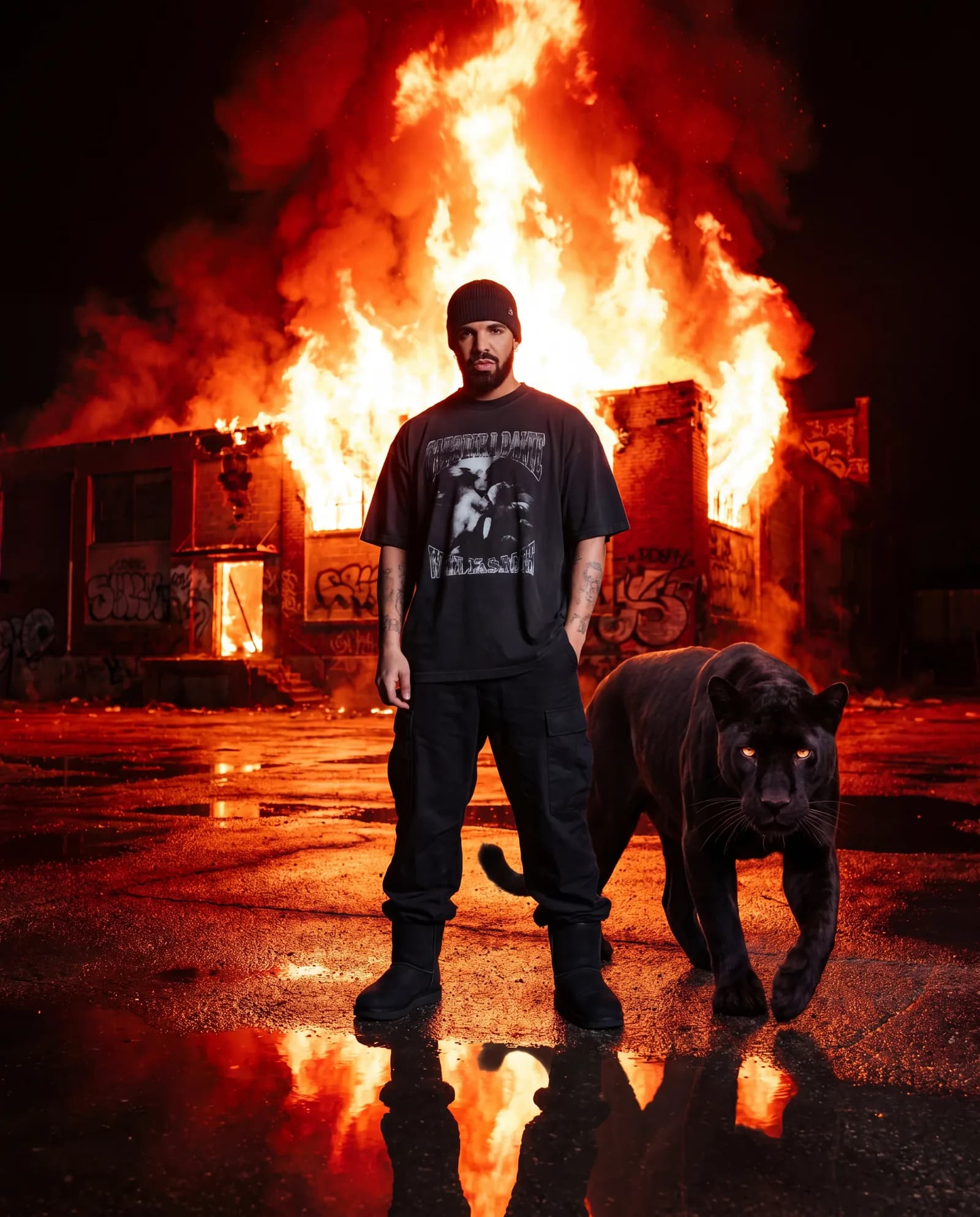 Drake in piedi su asfalto bagnato accanto a una pantera nera davanti a un edificio in fiamme