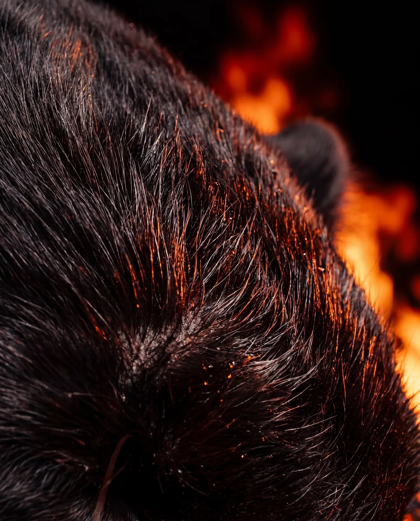 Macro del pelo nero della pantera illuminato dal fuoco
