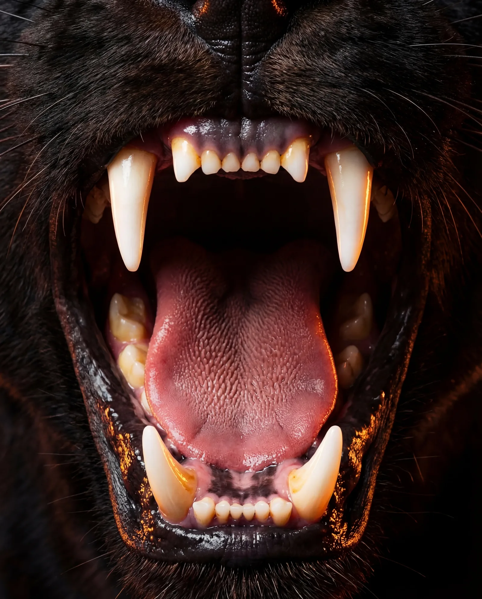 Macro della bocca aperta della pantera con canini illuminati