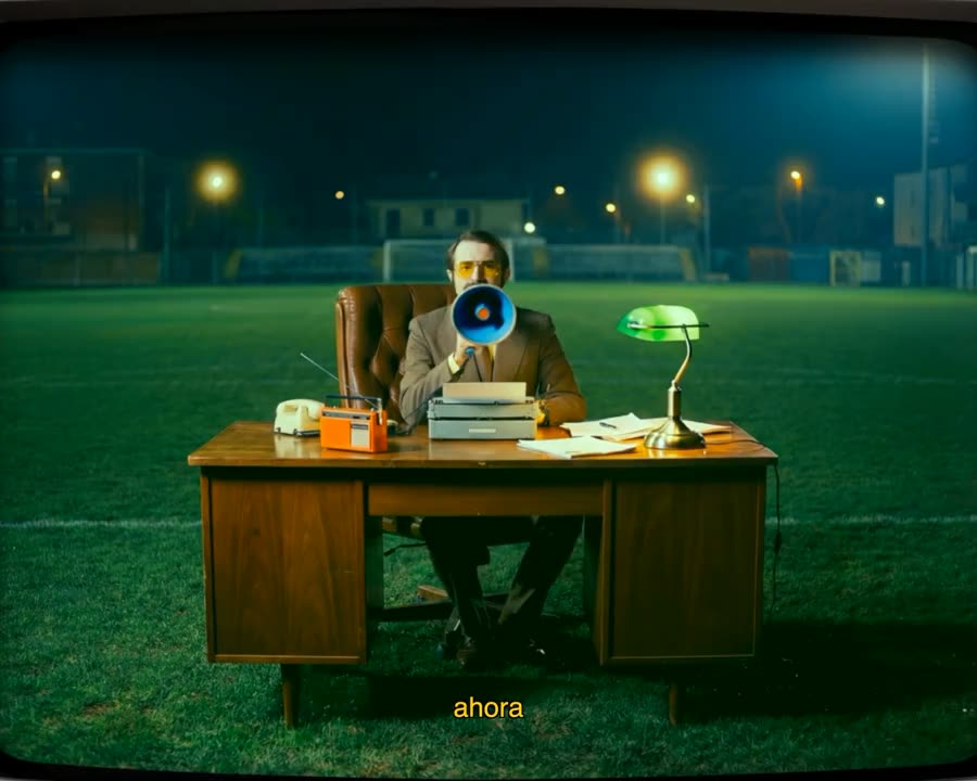 Frame del video di Martina Tinti con una scrivania su un campo da calcio illuminato di notte.